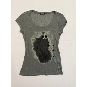 Max & Co Grey Graphic T-Shirt Rhinestone Velvet Leaf Art Tee Womens Medium